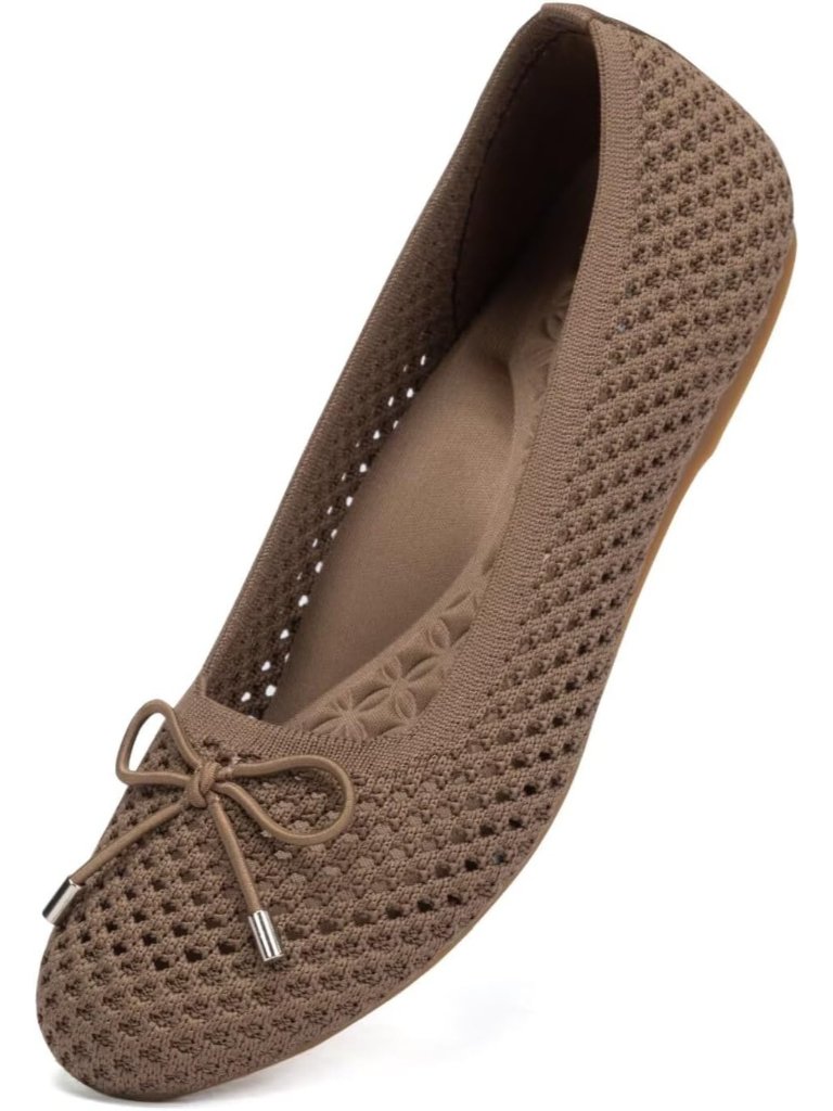 Women's All Brown Mesh Flats Round Toe Fordable Dressy Shoes With Bow-Knot